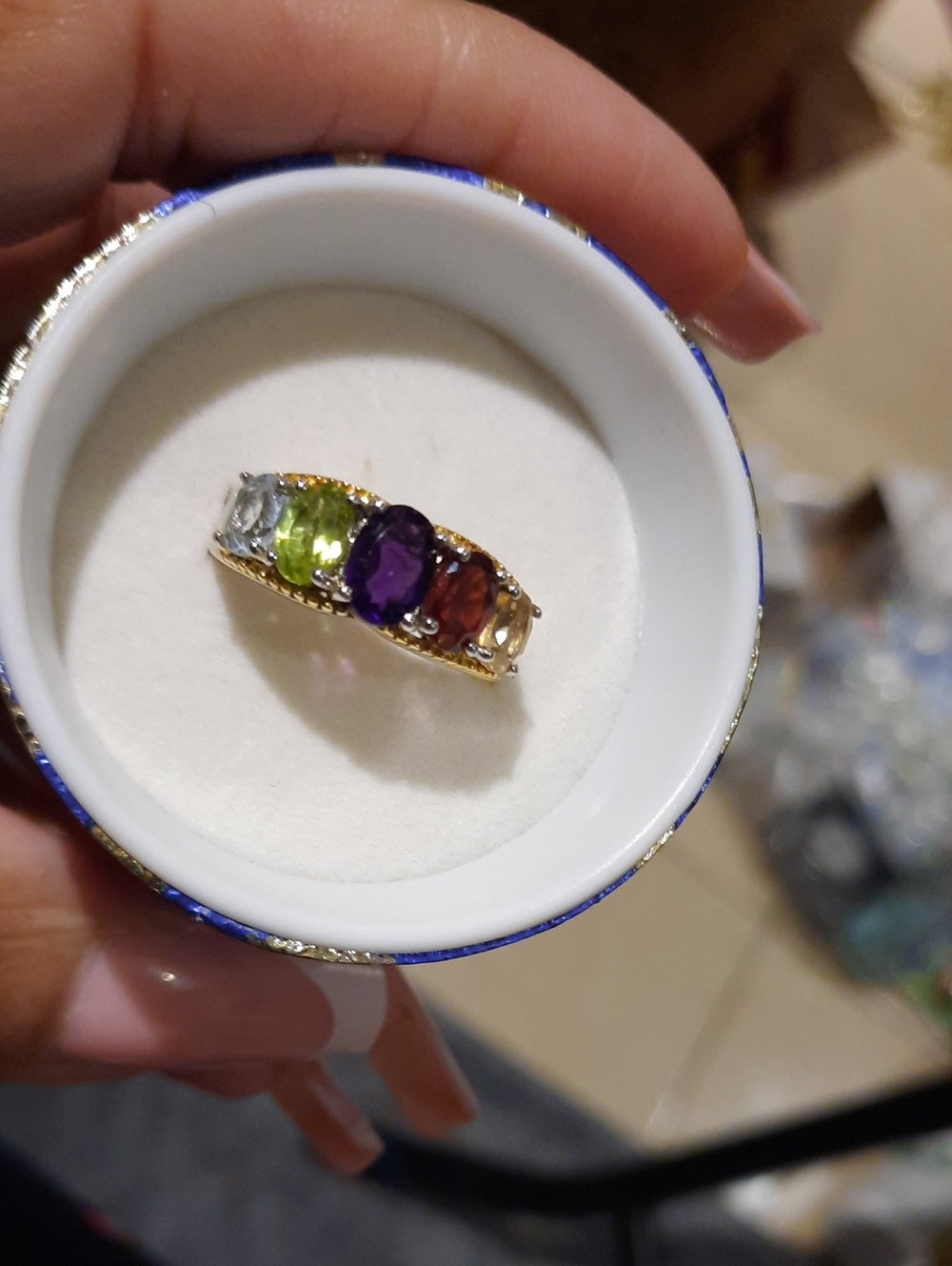 GENUINE GEMSTONES RING PERIDOT GARNET AMETHYST TOPAZ CITRINE 18K STAINLESS STEEL